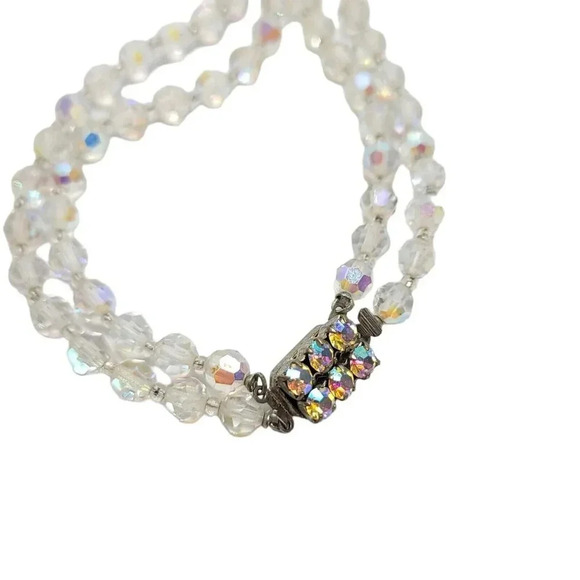 Clear Glass Aurora Borealis Crystal Dual Strand Rhinestone Clasp Necklace 17.5" - Picture 2 of 4